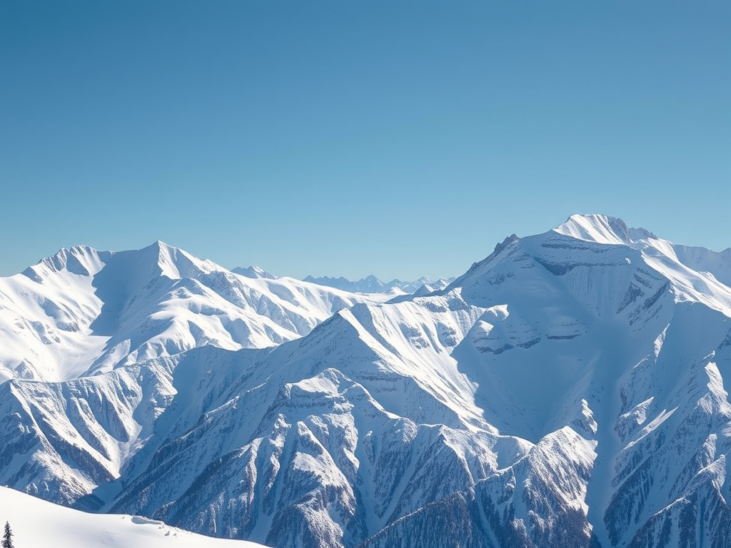 A panoramic view of snow-covered mountains under a clear blue sky.