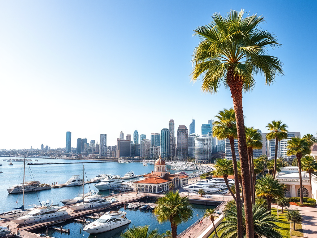 A panoramic view of a marina filled with yachts, surrounded by tall palm trees and a vibrant city skyline in the background under a clear blue sky.