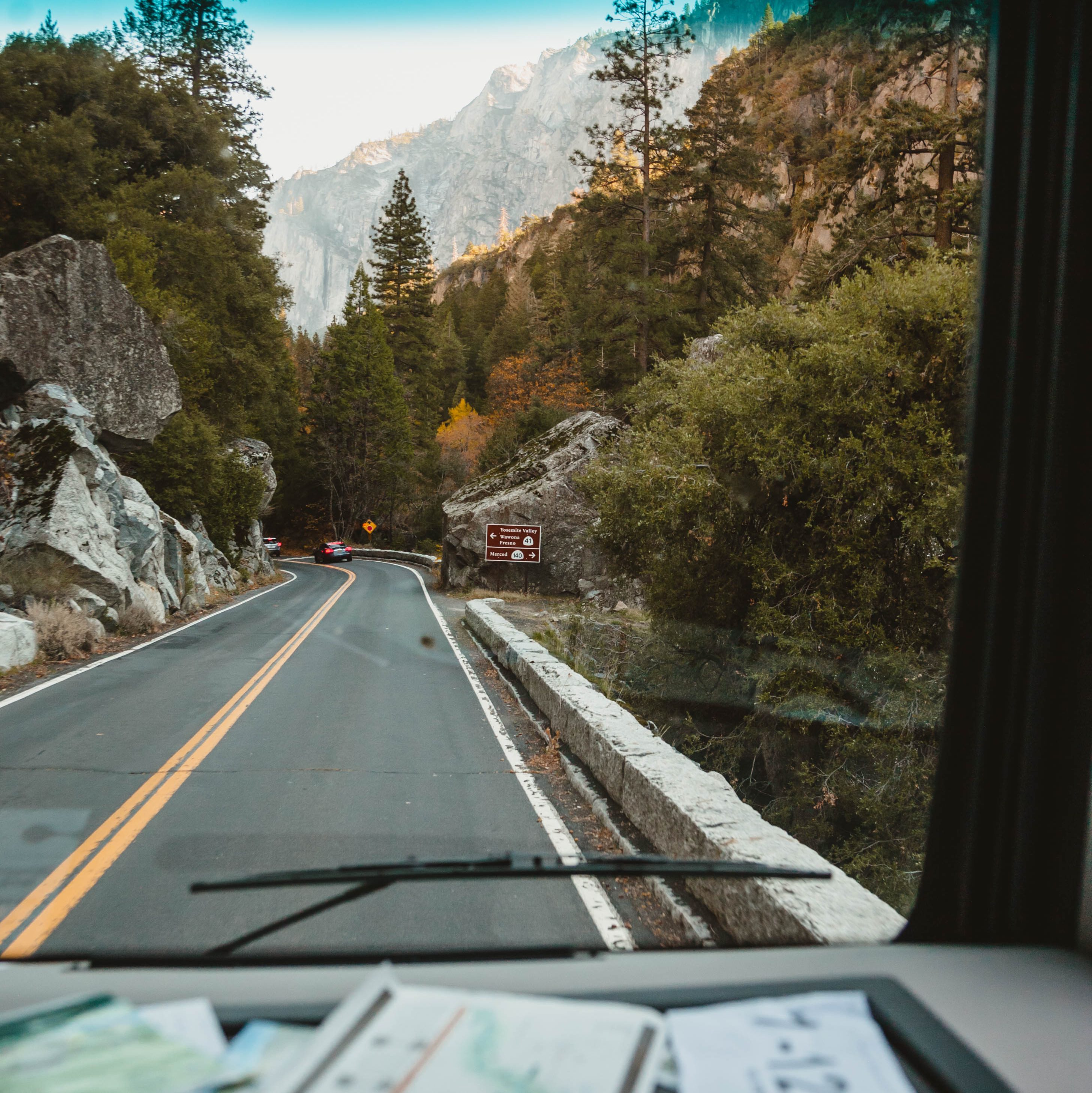 RV road trip drivers view forest 
