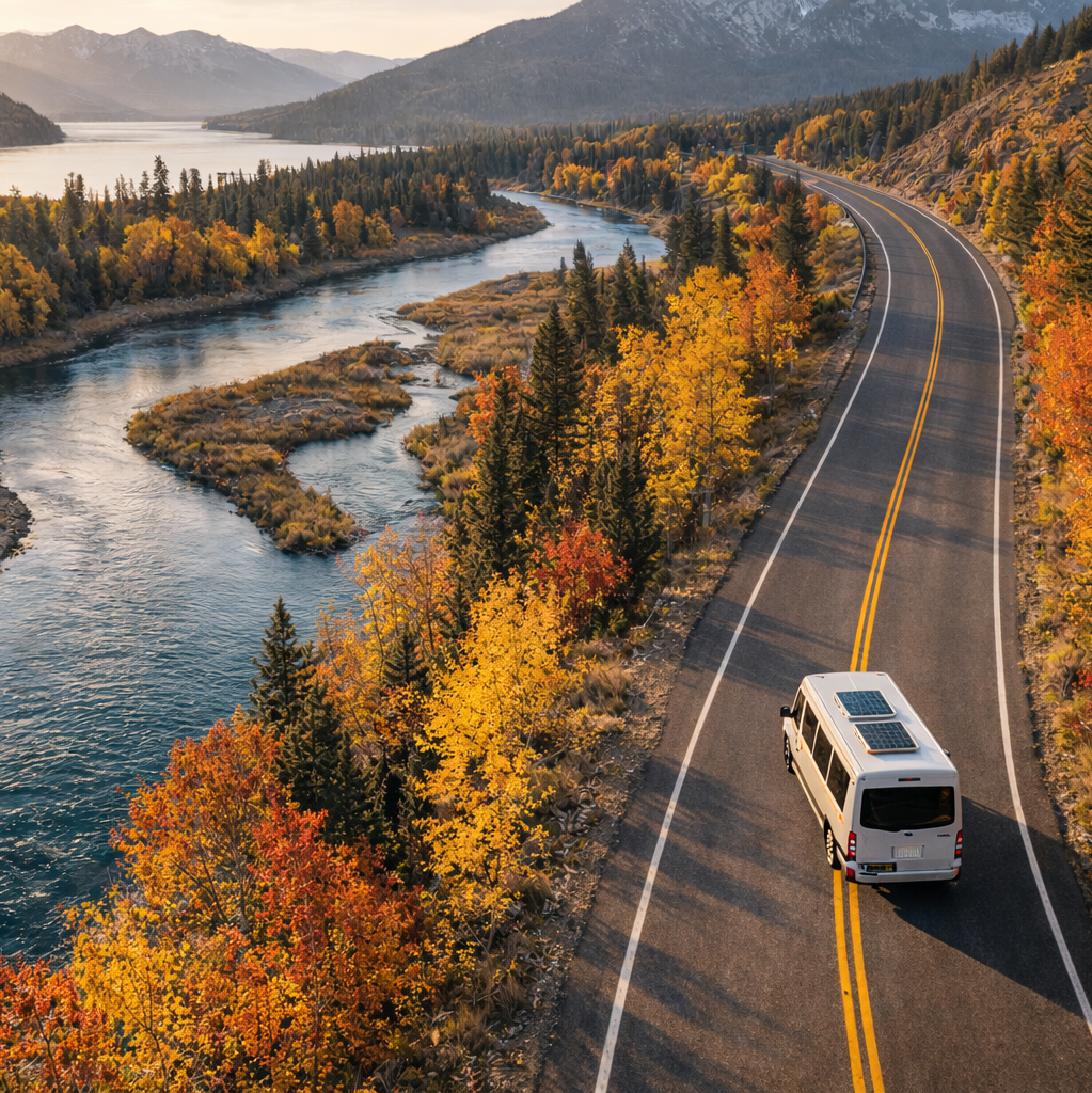 Sprinter campervan driving along a winding road through autumn forest